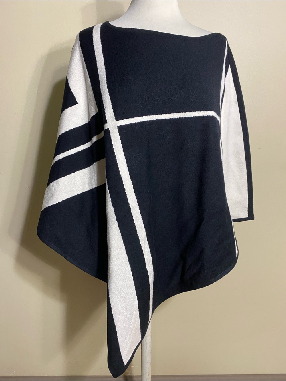 Black and White Geometric Knit Poncho Sweater